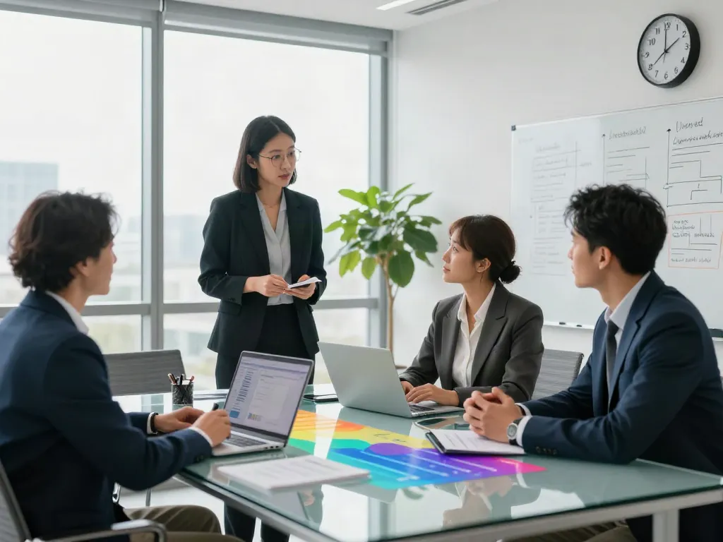 PedroVazPaulo Executive Coaching in a modern office during a leadership session, showing engaged professionals with strategic materials.