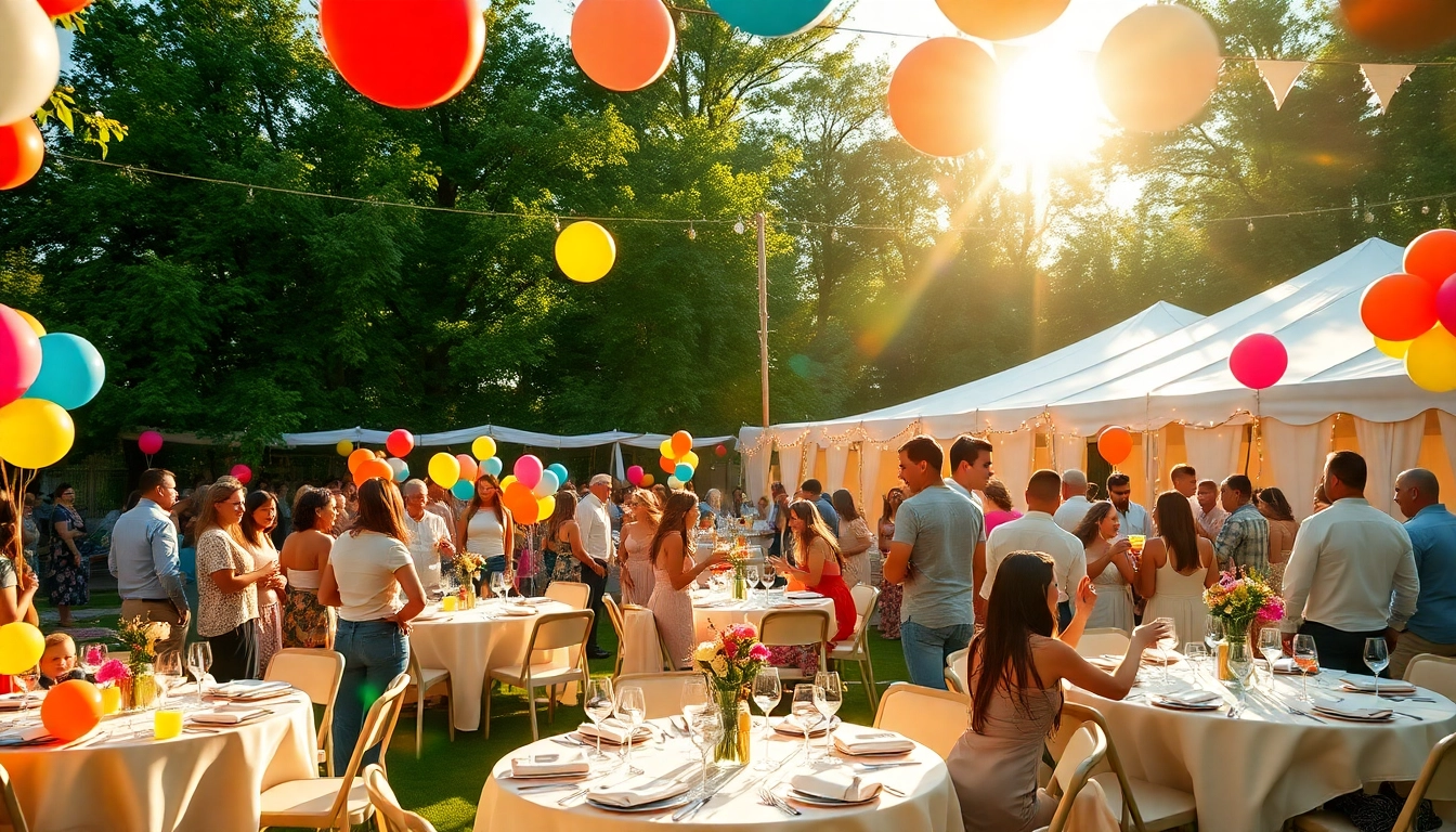 Enjoy a festive celebration with Party Rentals Near Me, featuring vibrant decorations and happy guests.