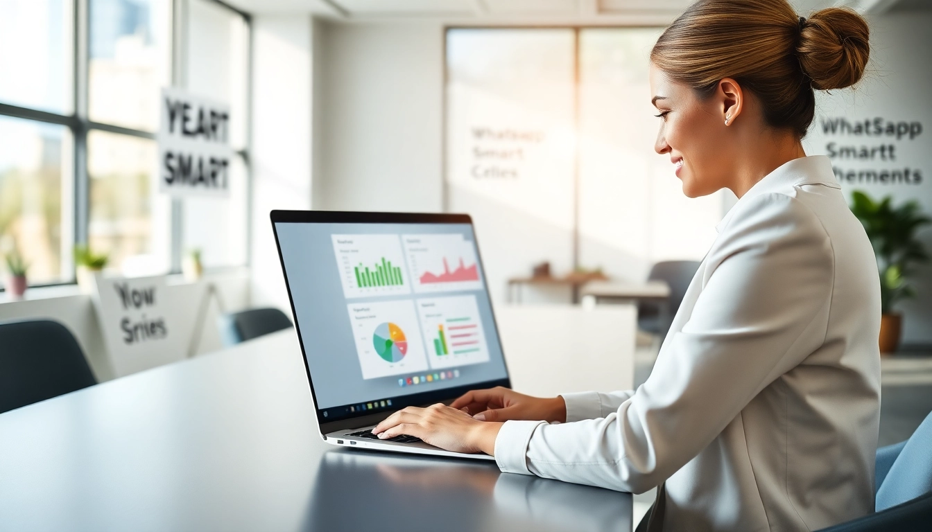 Boost productivity with a woman engaging in WhatsApp Smart CRM on her laptop in a modern office.