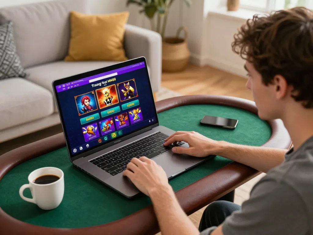 Playing on Trang chủ MM88 in a cozy home gaming setup with laptop and coffee nearby.