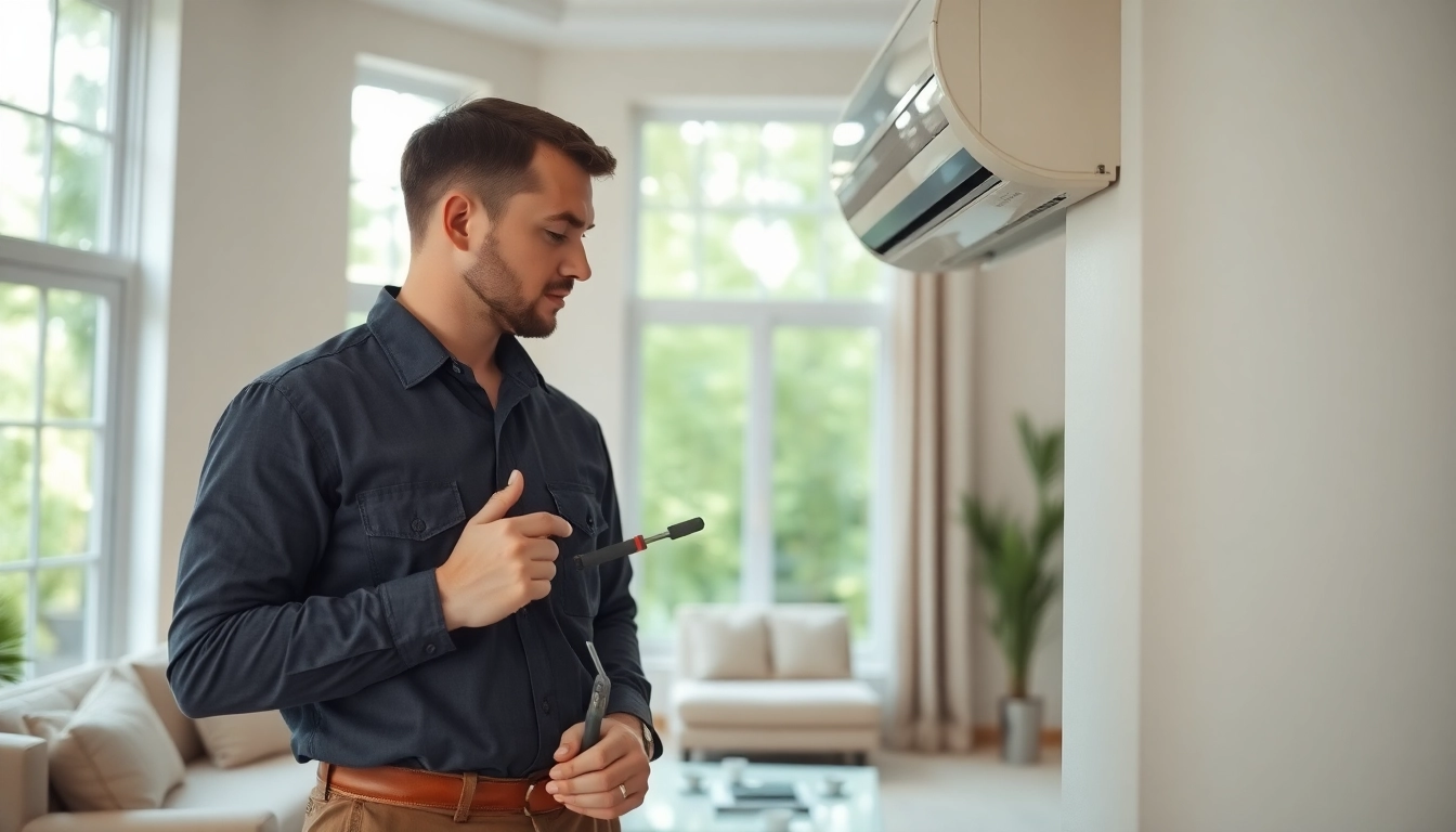 Technician assessing an American Standard HVAC system in a bright, modern home setting.
