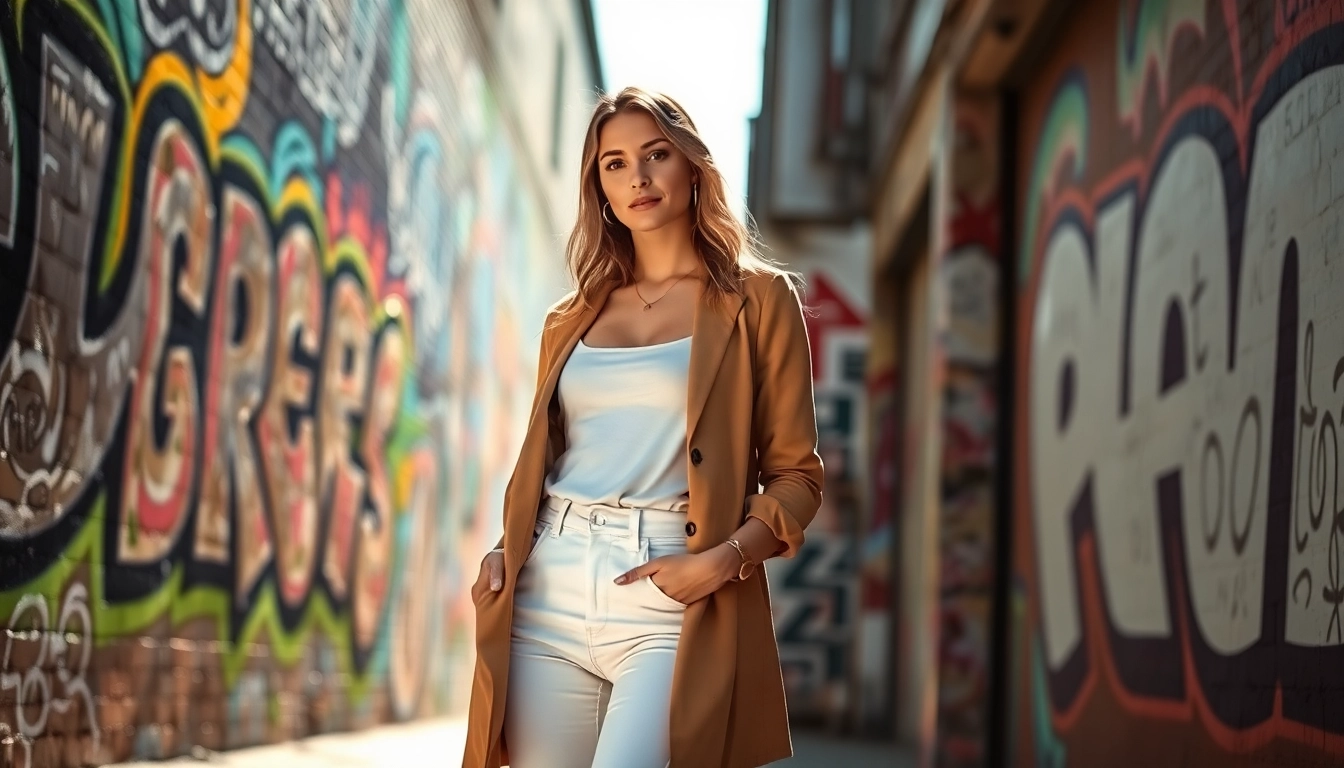 Woman showcasing her white jeans women style against a colorful urban backdrop.