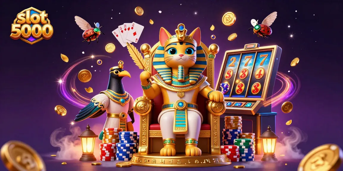 Experience slot 5000 with a vibrant scene of cartoon pharaoh cat, treasure, and thrilling slot reels.