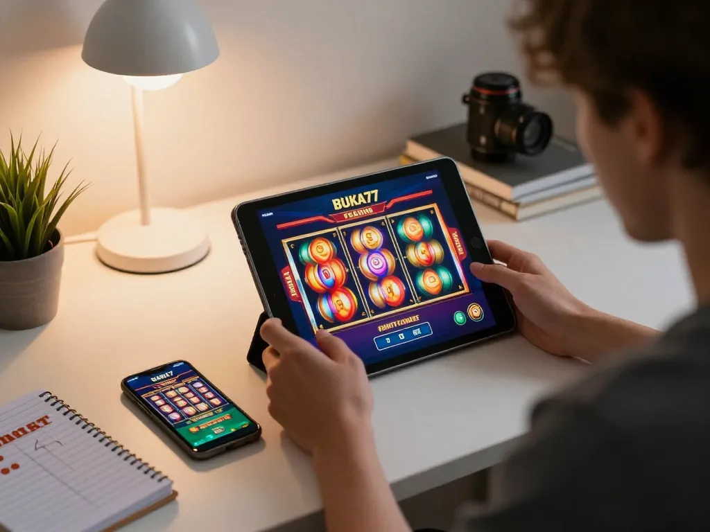 Engage with BUKA77 slot machines on a tablet in a cozy home gaming setup, featuring vibrant graphics and a relaxed atmosphere.