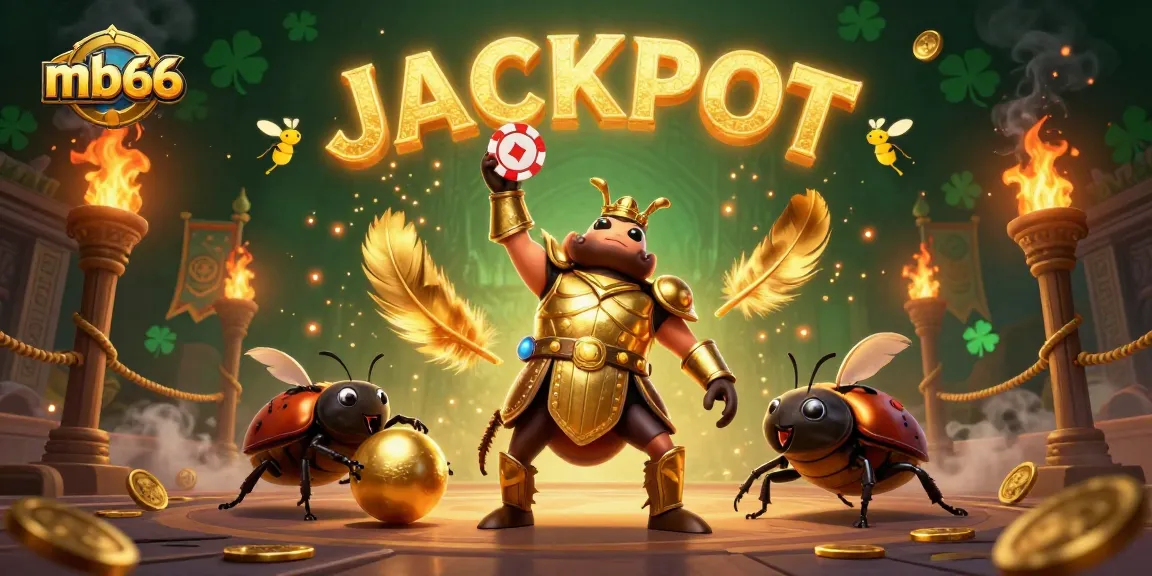 Experience the thrill of mb66 as a heroic beetle lifts a poker chip in a vibrant casino showdown.