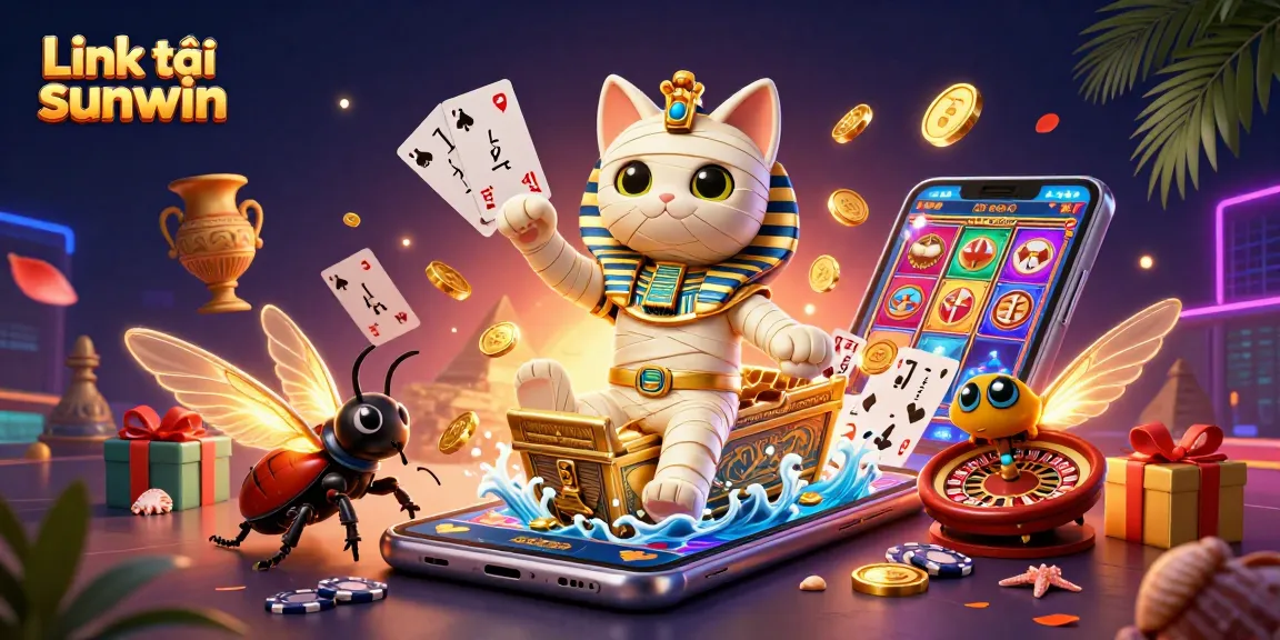 Play exciting games with Link tải sunwin, featuring vibrant illustrations of a mummy and mystical elements.