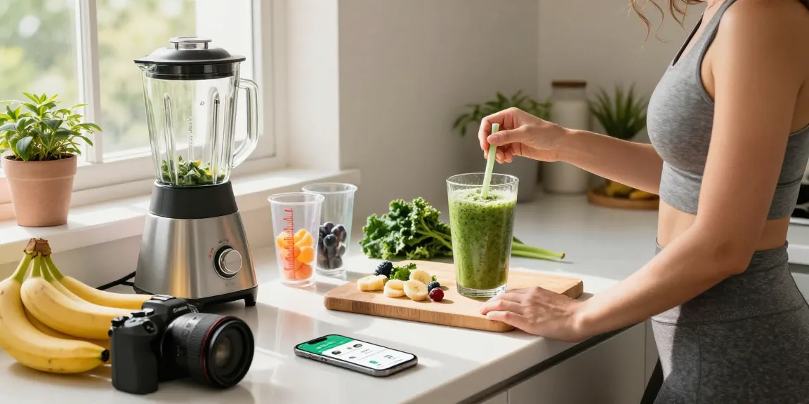 Preparing a smoothie while using the best nutrition tracking app on a smartphone in a bright kitchen.