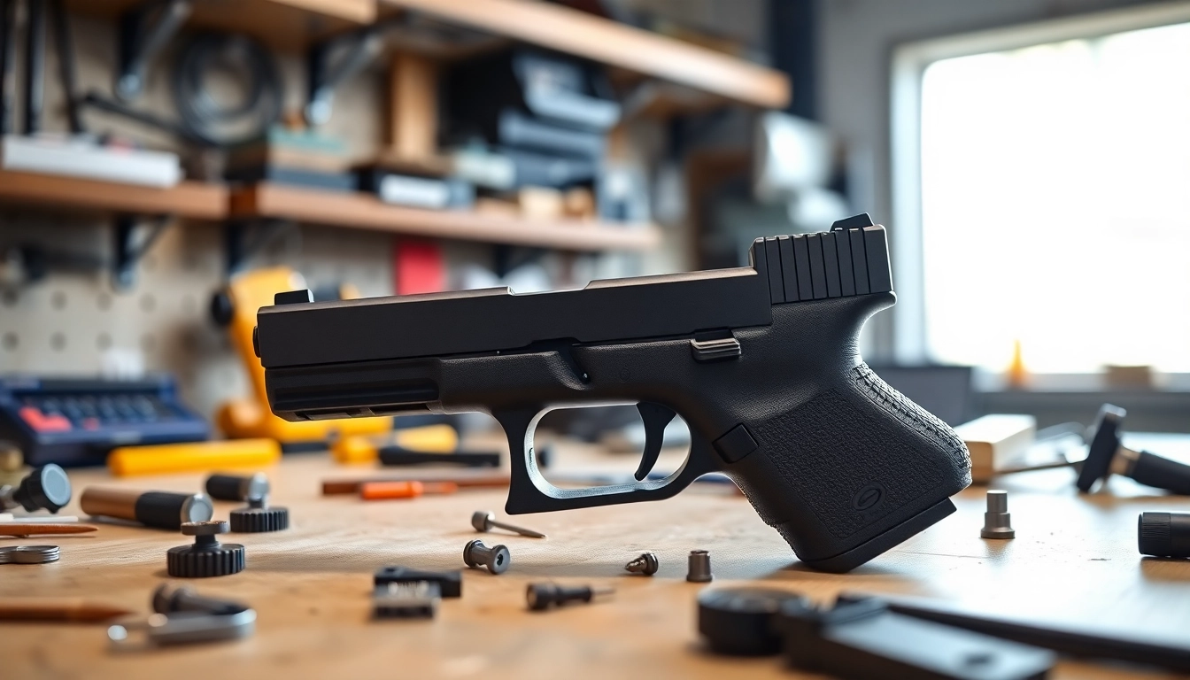 Buy Glock 19 MOS slide showcased with tools emphasizing precision and quality.