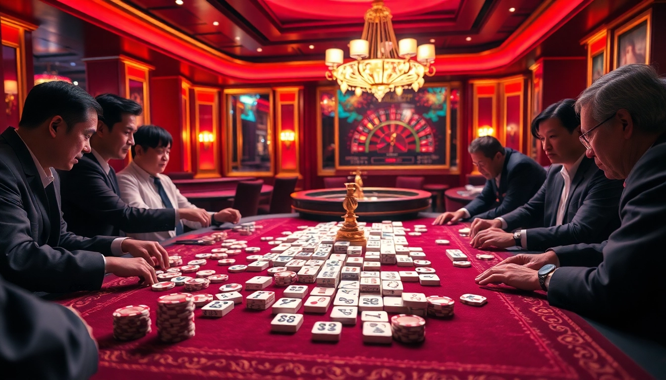 Players engaging in link mahjong at a luxurious casino table with vibrant lighting and high-end decor.
