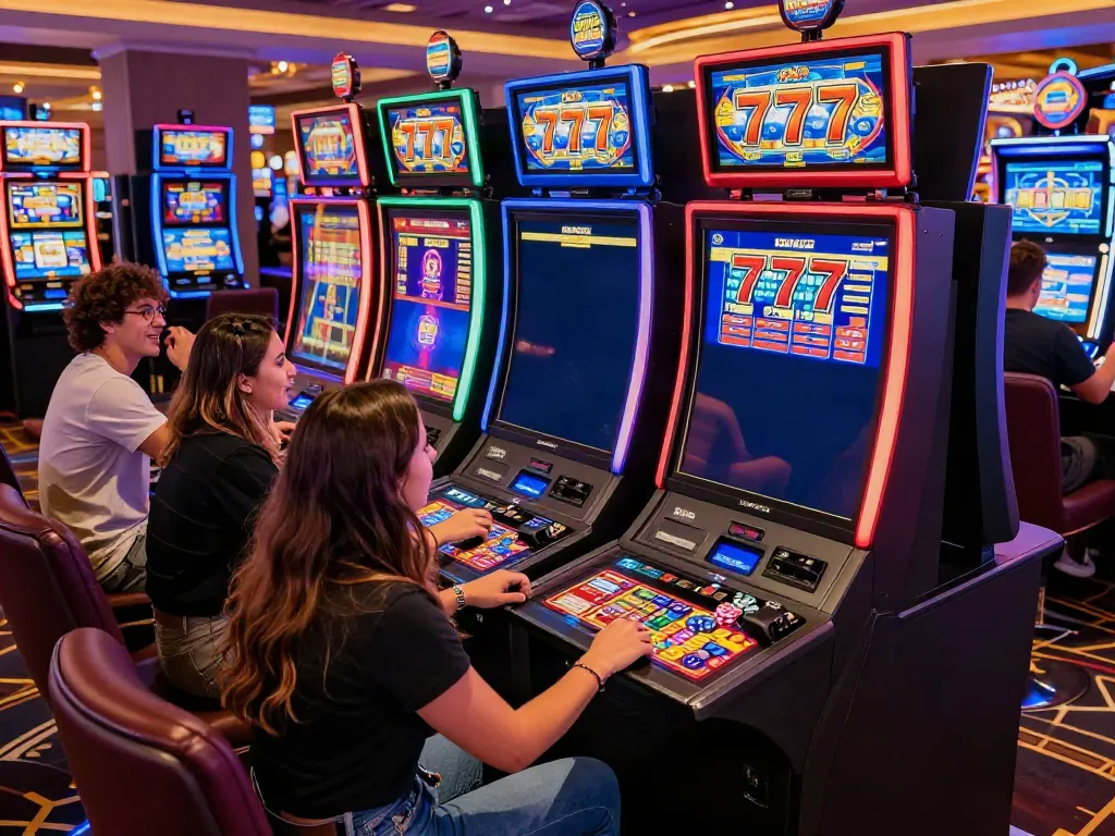 Teman-teman bermain slot777 dengan antusias di kasino yang penuh warna dan ceria.