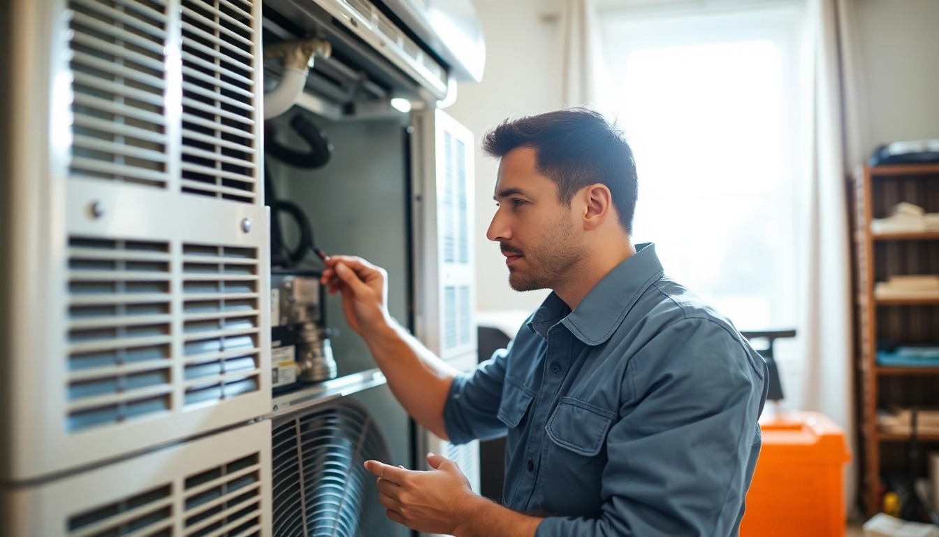 Expertly performing HVAC Repair Tampa, technician inspects air conditioning unit in bright home.