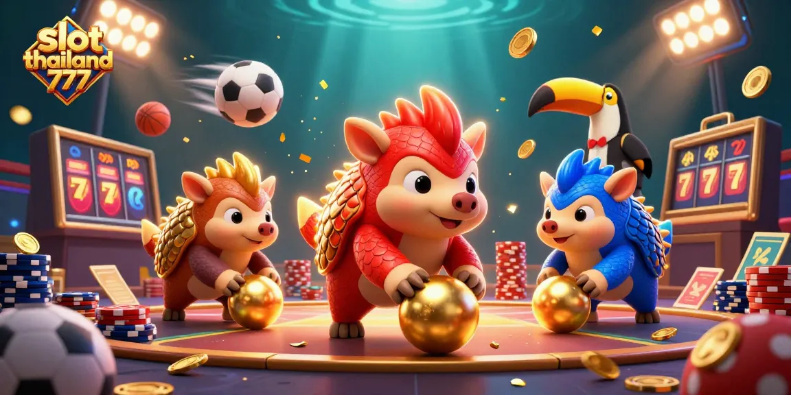 Engage with slot thailand 777 through dynamic gaming visuals featuring pangolins and slot reels.