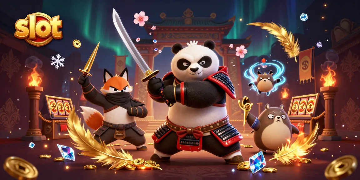 Spin slot reels with enchanting samurai panda and ninja fox in a vibrant casino setting.
