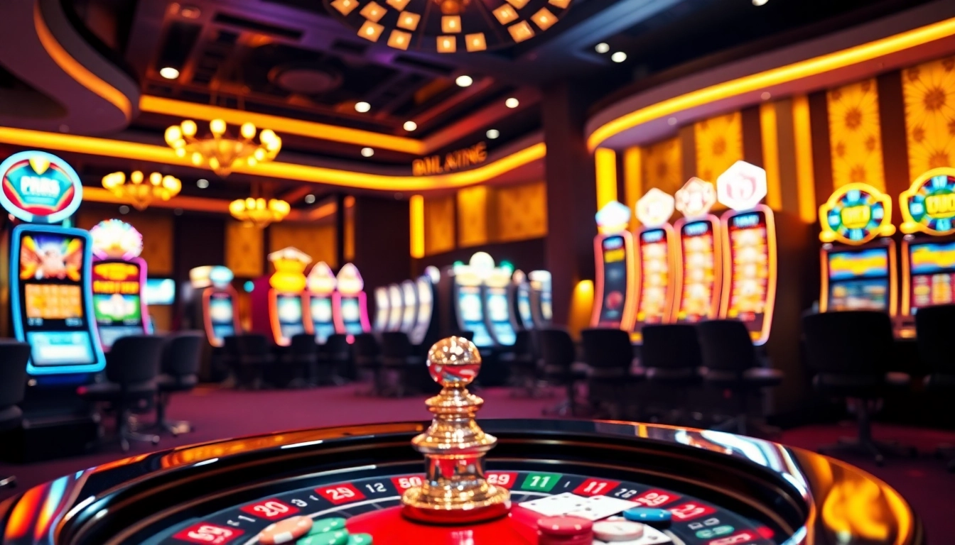 Experience the excitement of an online casino site with vibrant gaming setups and roulette wheel action.