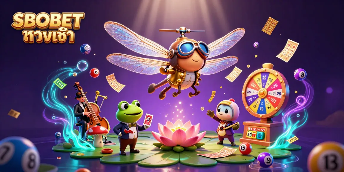 SBOBET ทางเข้า showcases a dynamic 3D casino scene featuring a dragonfly pilot, frog croupier, and musicians amidst lottery elements.