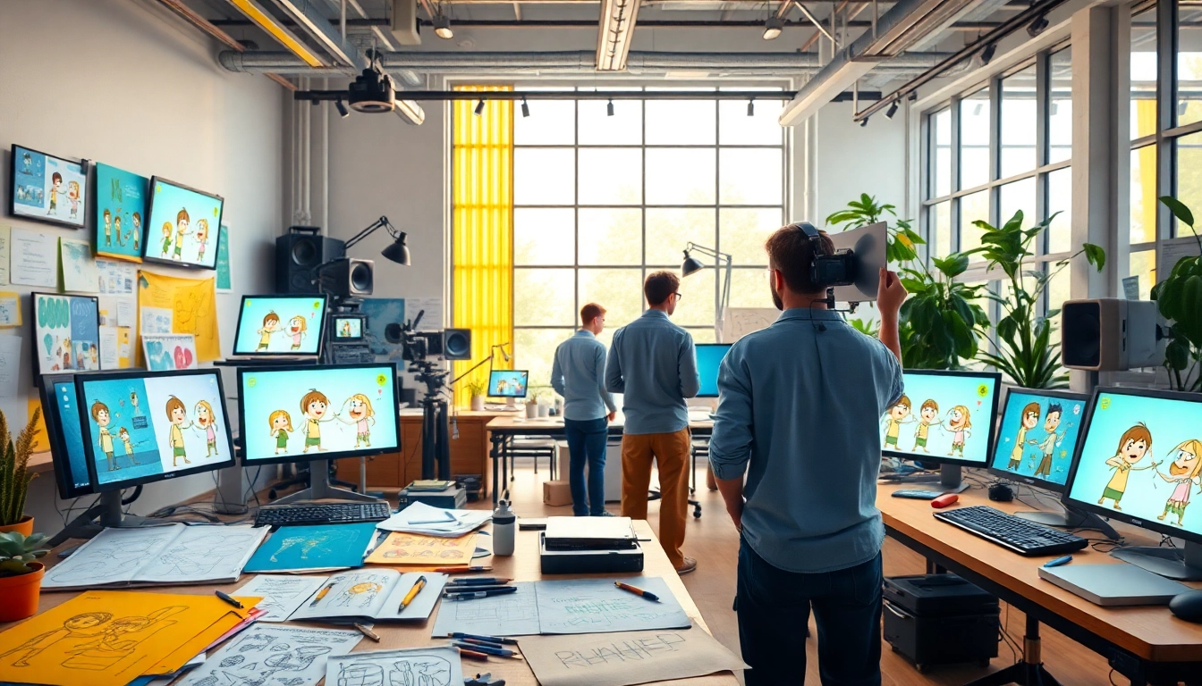 Animation Studio Berlin: Creative collaboration in a vibrant workspace filled with colorful storyboards.