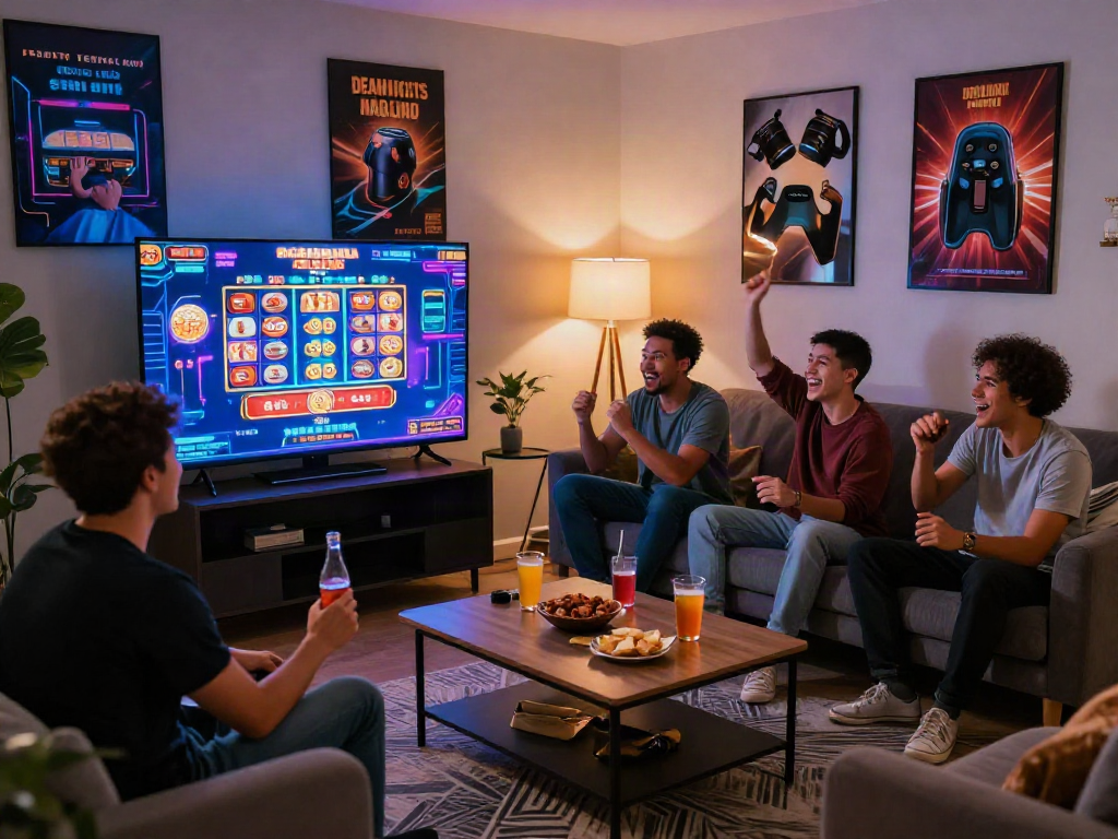 situs casino online gaming scene with friends enjoying various casino games in a cozy living room atmosphere
