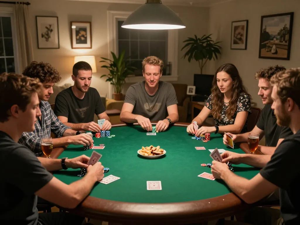 Play poker with friends at home, experiencing slot gacor gampang menang strategy in a cozy environment.