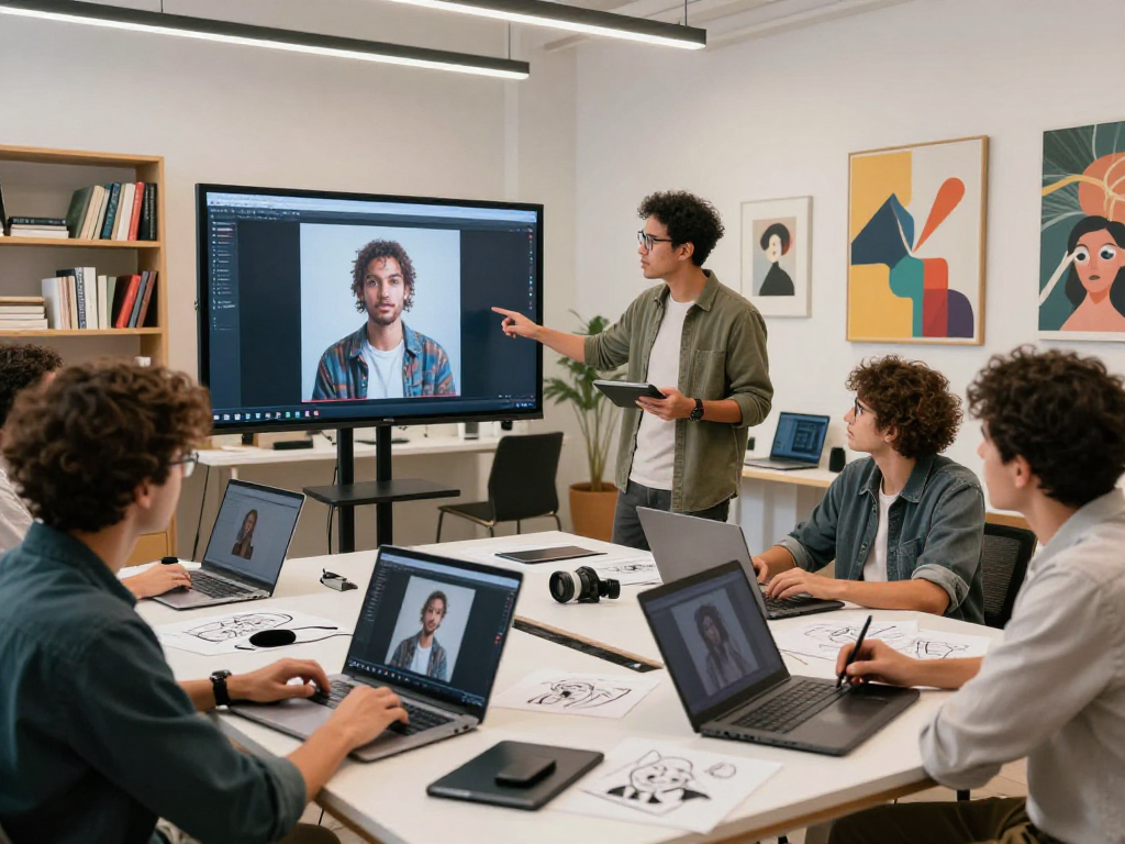 Creative team in AI porn content studio discussing innovative techniques for adult entertainment production.