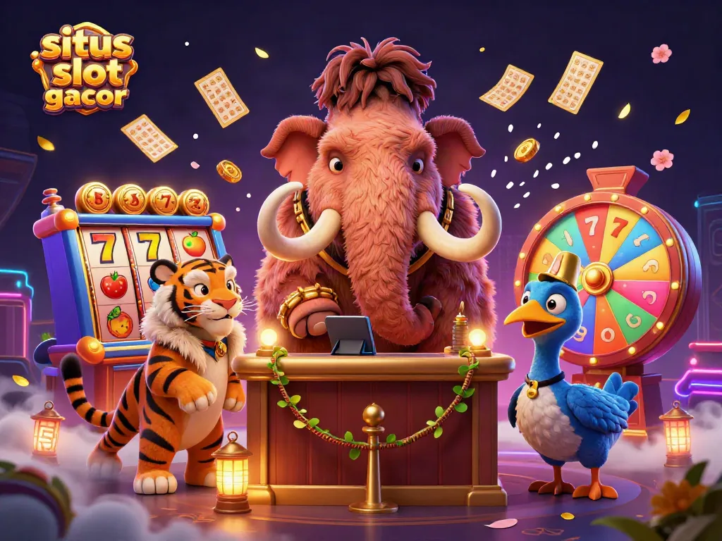Ilustrasi 3D situs slot gacor dengan karakter mammoth, macan, dan burung dodo di kasino.