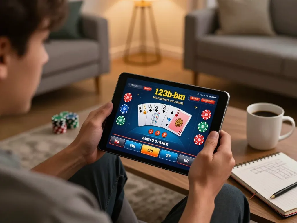 Engaging gameplay session on 123b-bm casino app, showcasing cards and chips in a cozy home setting.