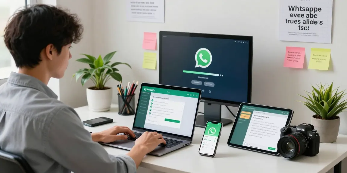 Dynamic workspace showcasing the WhatsApp下載 process with devices and motivational setting.