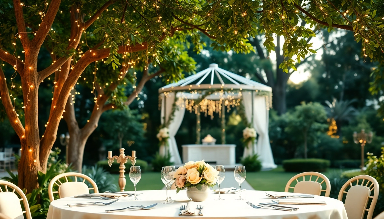 Hochzeits location mit romantischem Garten und festlich gedecktem Tisch im Vordergrund.