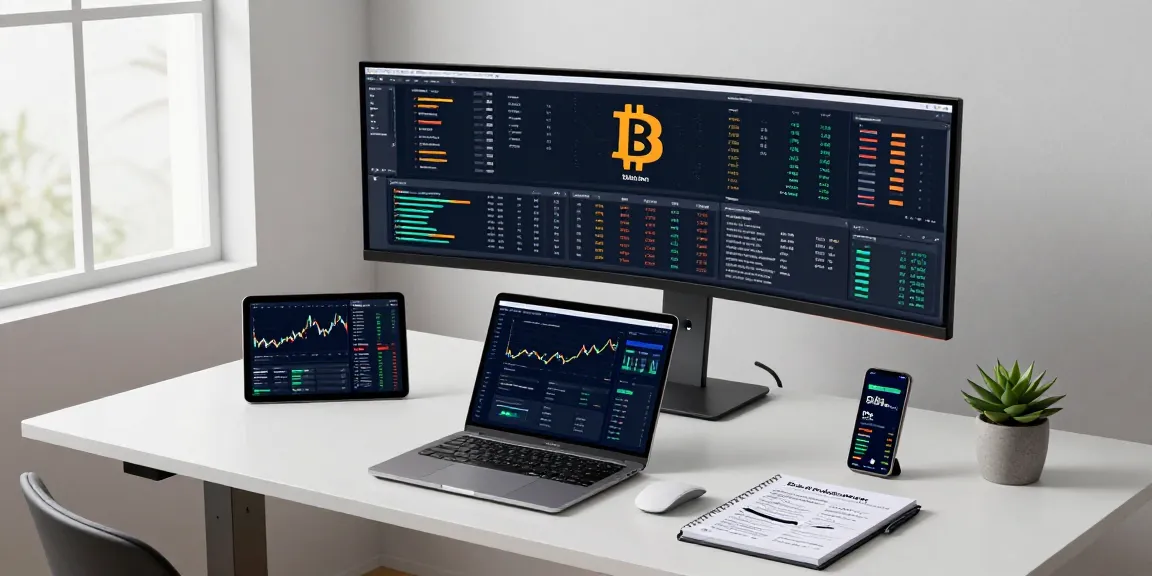 Bitcoin mining service statistics displayed on monitors in modern crypto trading workspace with secure wallet and analysis tools.