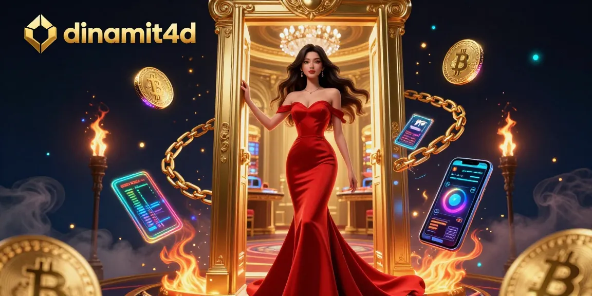 Spin your luck with dinamit4d, where a glamorous Asian woman awaits in a vibrant casino doorway.