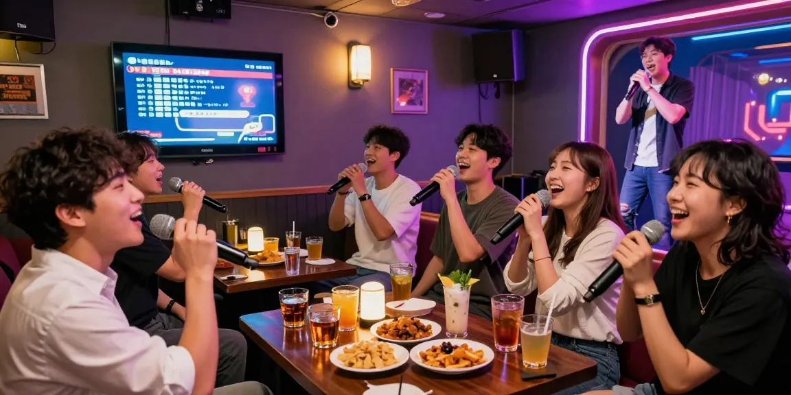 Dynamic Jeju nightlife scene at https://www.magic4karaoke.com/ featuring friends enjoying karaoke and drinks.