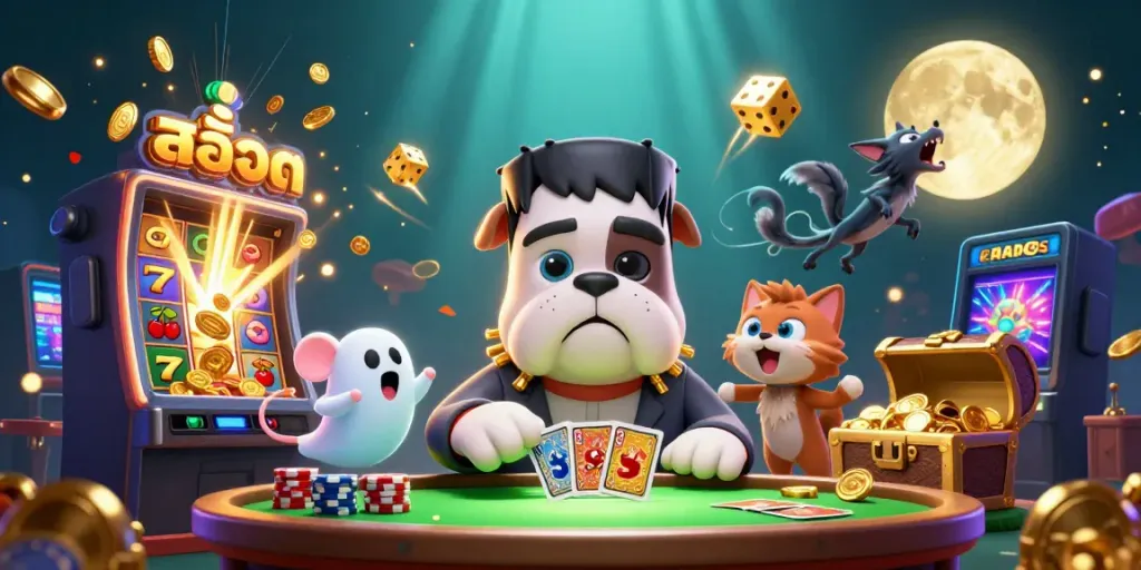 Experience thrilling สล็อต action with a whimsical 3D illustration featuring unique characters and vibrant casino elements.