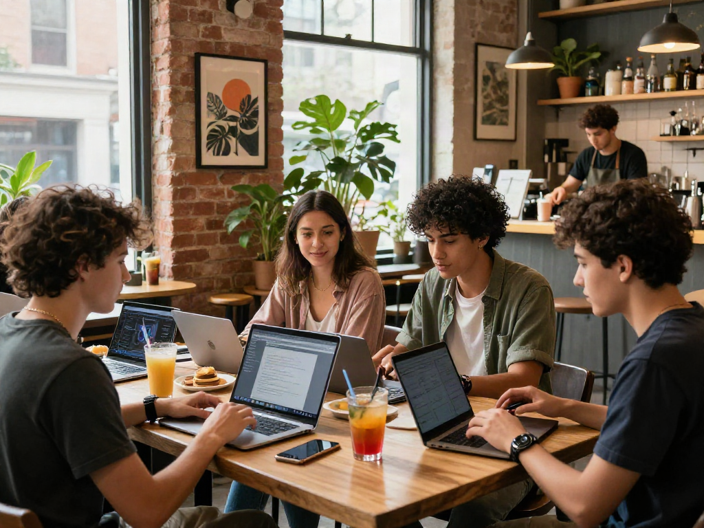 Engaging urban café scene showcasing young adults exploring 18+ ai technology while enjoying vibrant beverages and a warm atmosphere.