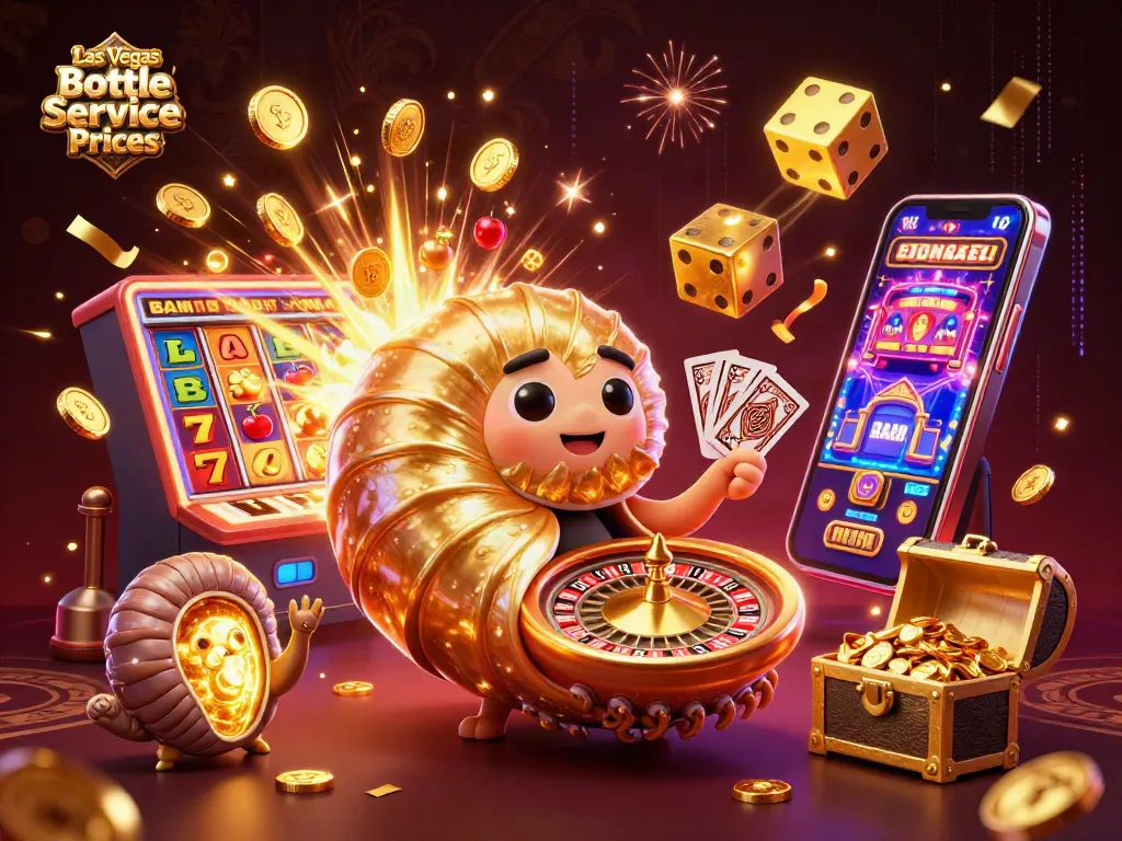 Experience Las Vegas Bottle Service Prices with an extravagant 3D casino-themed illustration displaying vibrant nightlife elements.