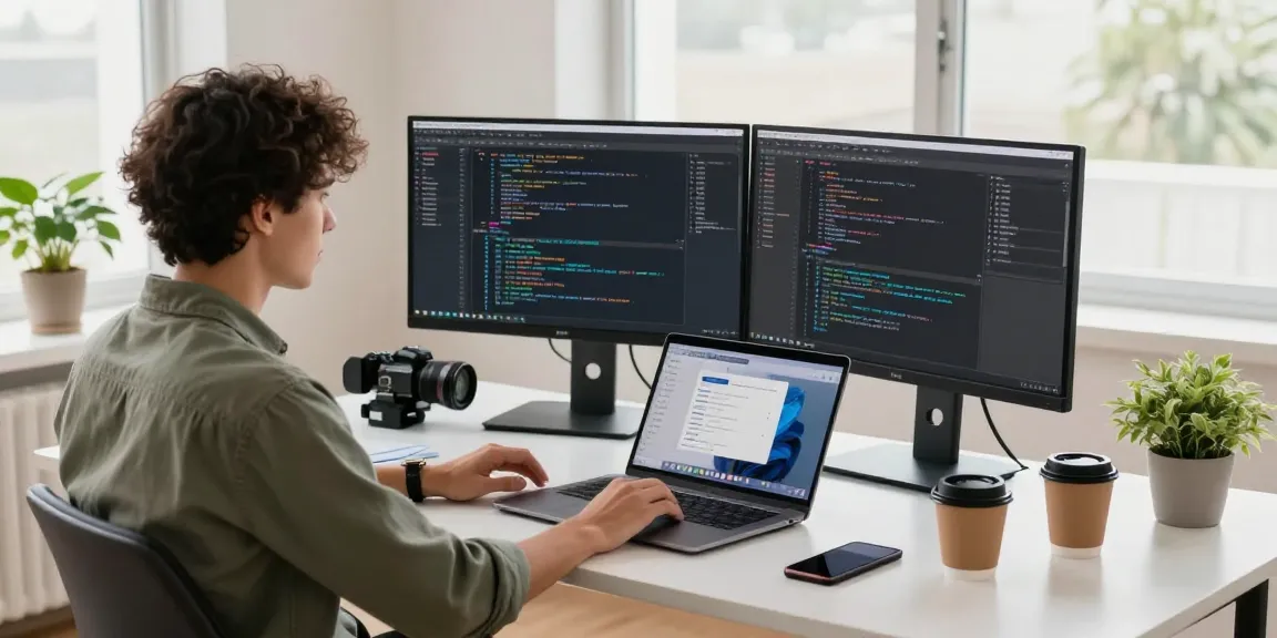 Engaging tech workspace illustrating WhatsApp下載 in action, featuring a developer at dual monitors and modern desk.