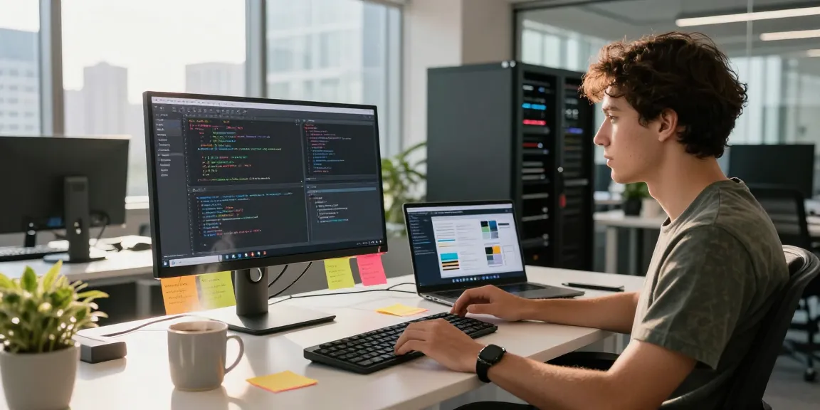 Engaged developer in a modern office coding for 纸飞机下载 with innovative tech setup and natural light.