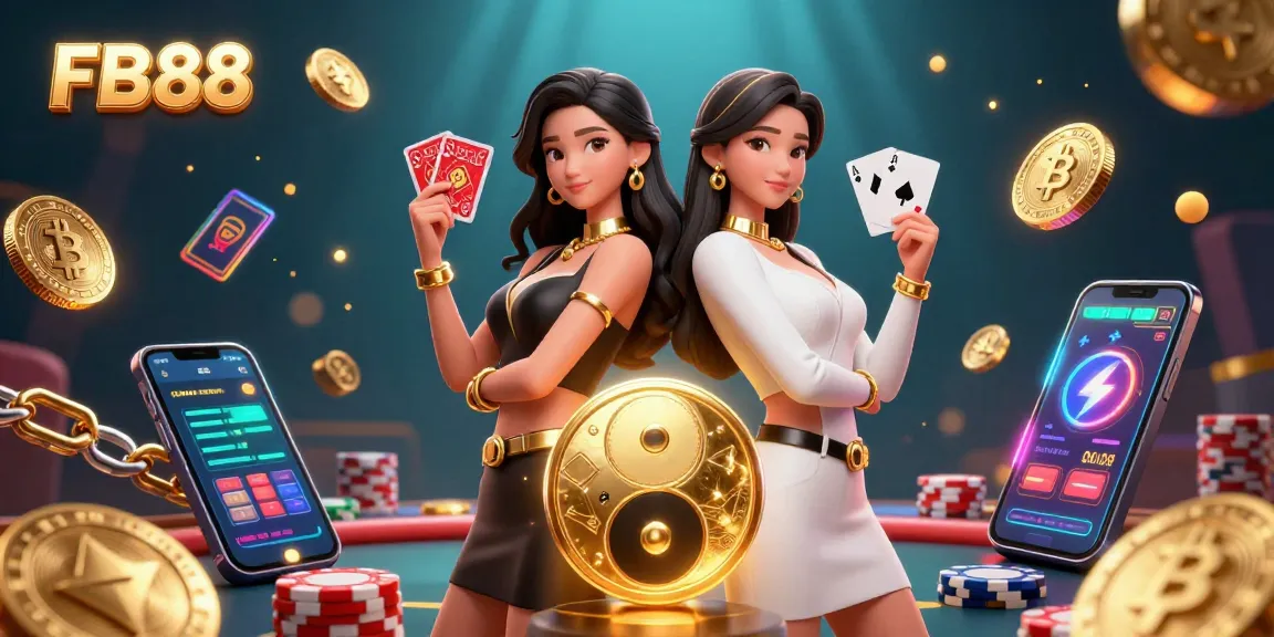 FB88 showcases twin Asian women in a casino setting, revealing winning playing cards and golden elements.