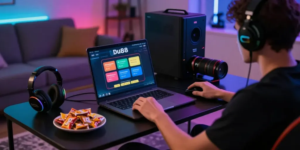 Engaging gaming experience with Du88 platform on a laptop in a vibrant, modern setting.