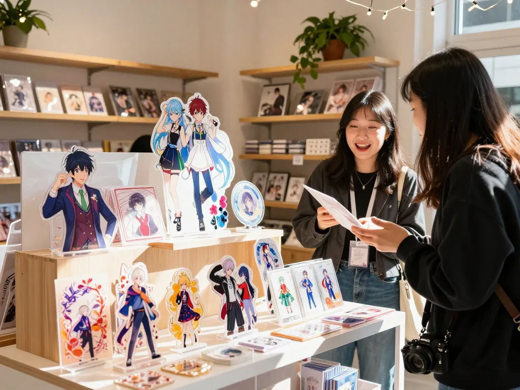 Custom acrylic stand display with colorful anime designs in a boutique setting.
