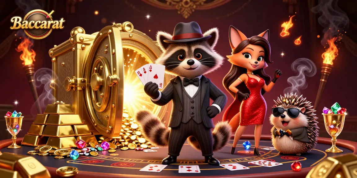 Baccarat game scene with suave raccoon and companions surrounded by jewels and gold, emphasizing luxury gameplay