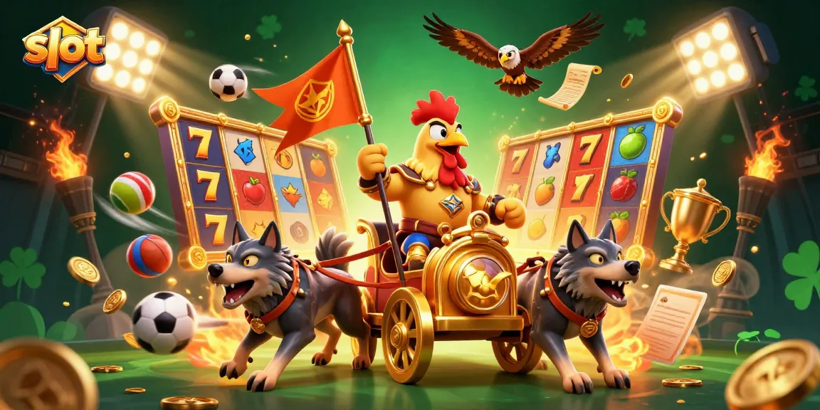 Spin the reels with a dynamic slot-themed illustration featuring a rooster warlord and chariot.