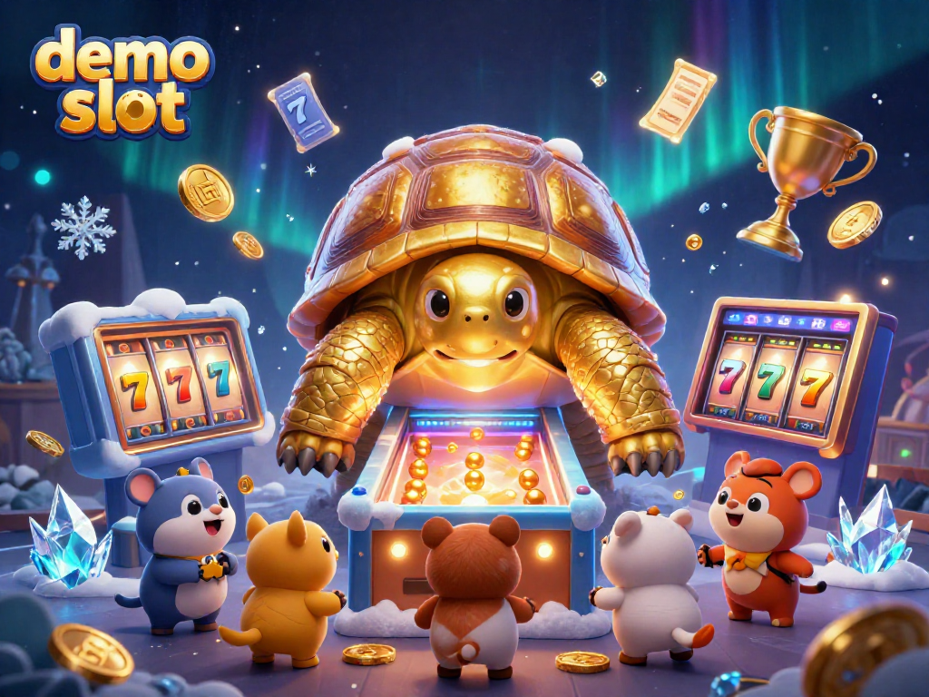 Demo slot dengan karakter kura-kura emas besar dan elemen jackpot berkilau, menarik perhatian pemain.