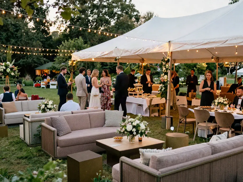 Event furniture rental at an elegant outdoor reception, featuring plush lounge seating and floral centerpieces.