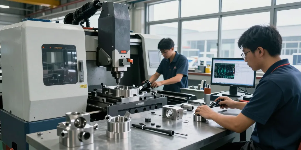 Machinists crafting custom stainless steel parts in a modern industrial workshop.