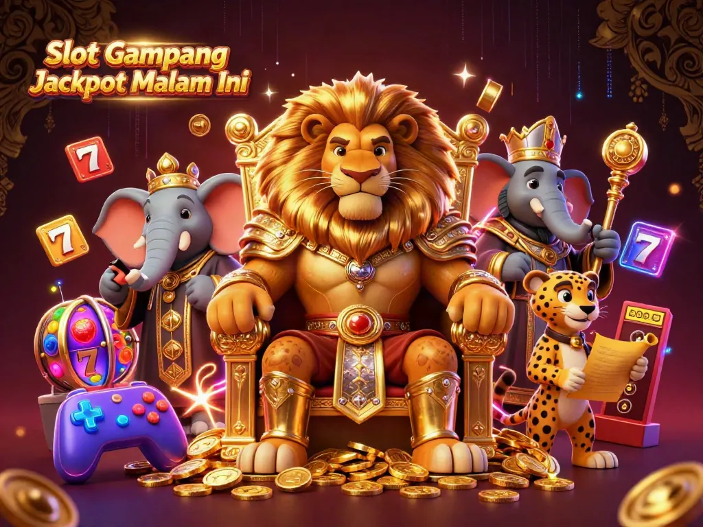 Menangkan Slot Gampang Jackpot Malam Ini dengan karakter ikonik dan mesin slot berkilau dalam gambar atraktif.