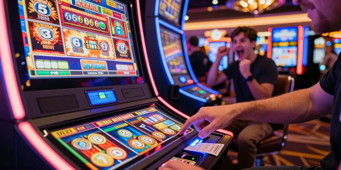 Excited player activating a slot bonus buy feature at a bustling casino