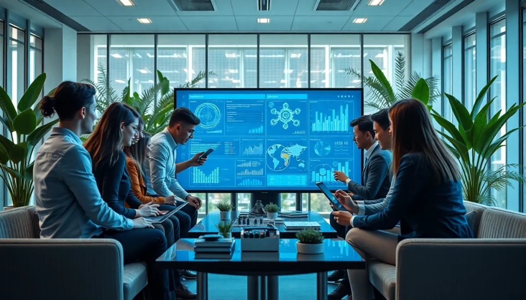 Engaged professionals collaborating in technology-driven workspace with innovative digital displays.