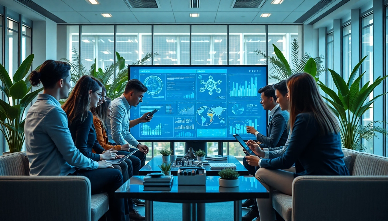 Engaged professionals collaborating in technology-driven workspace with innovative digital displays.