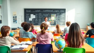 Engaging classroom scene showcasing Education with students enthusiastically participating in a lesson.