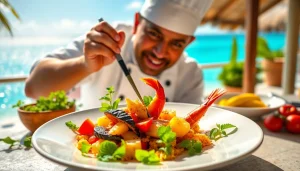 St Martin Private Chef preparing a gourmet meal in a beautiful beachfront villa setting.
