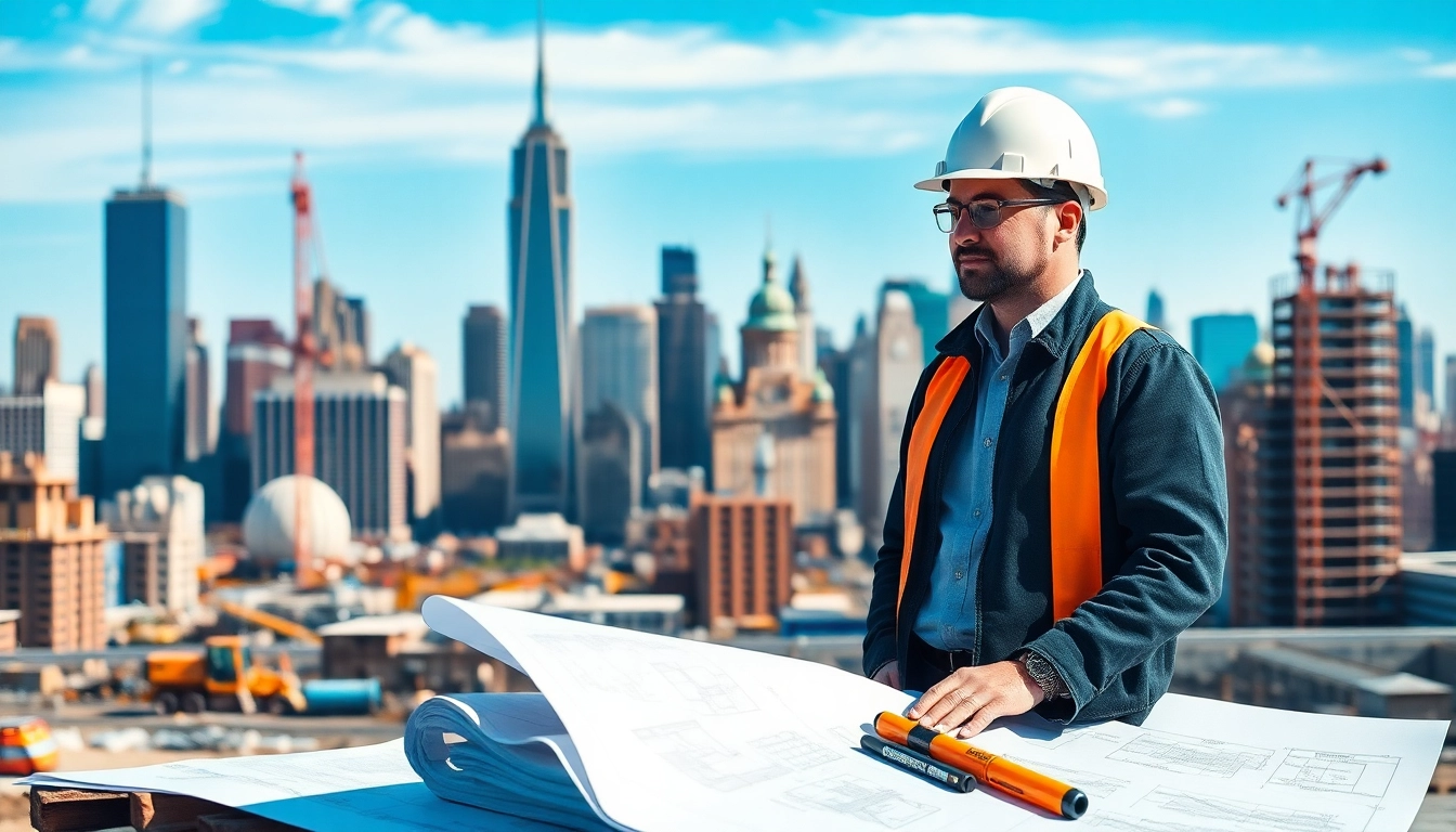 New York Construction Manager supervising a busy construction site with workers and machinery.